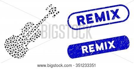 Collage Violin And Corroded Stamp Seals With Remix Phrase. Mosaic Vector Violin Is Designed With Ran