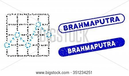 Mosaic Line Plot And Distressed Stamp Seals With Brahmaputra Phrase. Mosaic Vector Line Plot Is Comp