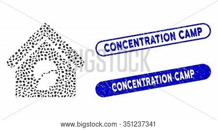 Mosaic Barrack Building And Rubber Stamp Seals With Concentration Camp Phrase. Mosaic Vector Barrack