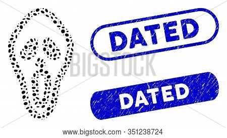 Mosaic Horror Mask And Rubber Stamp Seals With Dated Phrase. Mosaic Vector Horror Mask Is Composed W
