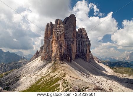 View Of Drei Zinnen Or Tre Cime Di Lavaredo With Beautiful Cloud On Sky, Sextener Dolomiten Or Dolom