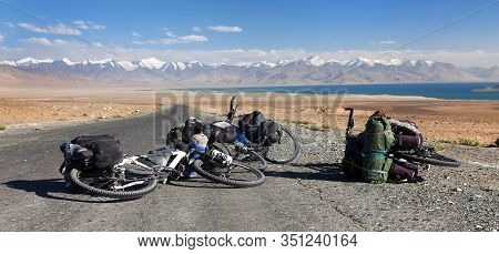 Three Bicycles On Pamir Highway, Pamir Mountains, Pamirskij Trakt M41 International Road, Karakul La