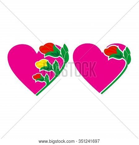 Heart Icon. The Two Pink Love Icons Decorated With Red And Yellow Roses, The Isolated Heart Icon On 