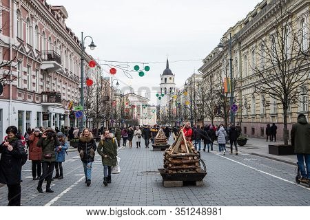 Vilnius, Lithuania - Feb 16, 2020: Bonfires Are Lit On Gediminas Avenue On Festive Night On February