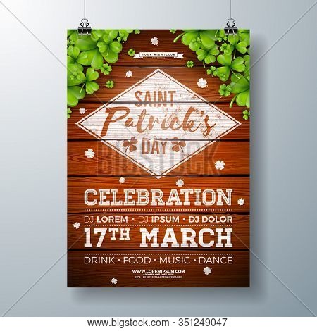 Saint Patricks Day Celebration Party Flyer Illustration With Clover And Typography Letter On Vintage