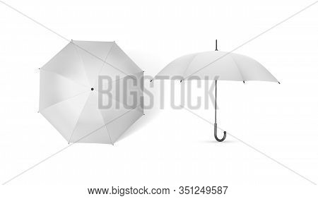 Two White Umbrellas From Different Sides Isolated On White Background Vector Mock Up Template