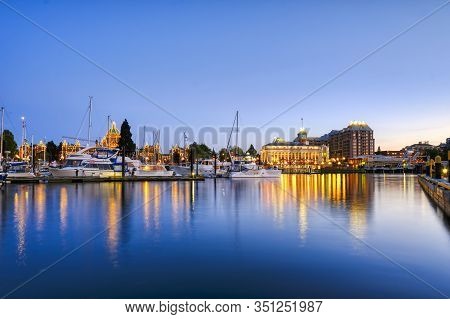 Victoria, Bc, May 08 2019: Downtown Victoria, Canada. Night Scene Of The Harbour In Downtown Victori