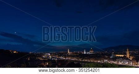 Florence By Night - Panorama Of Florence, Tuscany, Italy At Dusk With The City Center And Landmarks: