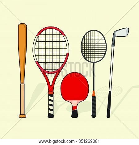 Set Of Colorful Sports Equipment Vector Illustration For Template Design. Racket, Bat, And Stick Gam