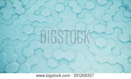 3d Rendering Of Abstract Hexagonal Geometric Surfaces In Virtual Space. Randomly Placed Geometric Sh