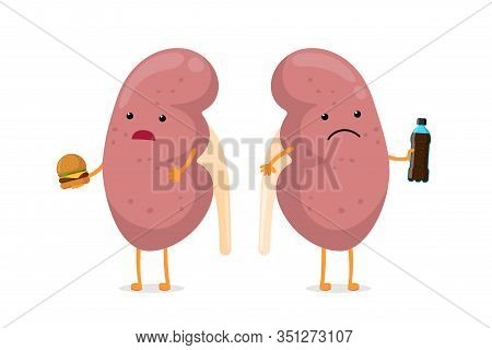 Sad Unhealthy Ill Kidney Character Hold In Hand Fast Food Soda Beverage Bottle And Burger. Human Ana