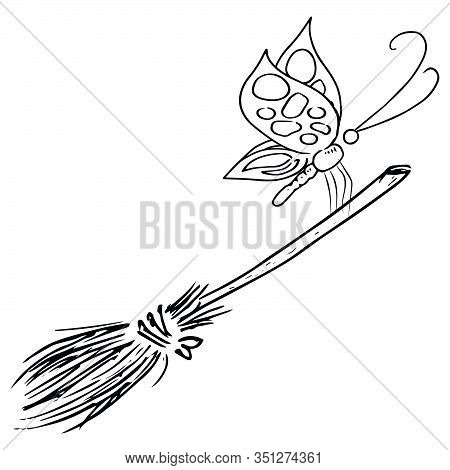Broom For Cleaning. Vector Illustration Of A Broom And Dust. Hand Drawn Broom.