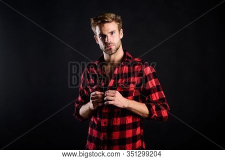 Hipster Black Background. Meaning Of Modern Manliness. Handsome Well Groomed Man. Exhibit Masculine 