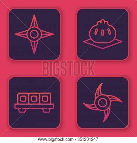 Set Line Japanese Ninja Shuriken, Sushi On Cutting Board, Khinkali On Cutting Board And Japanese Nin