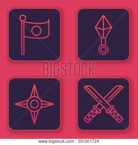 Set Line National Flag Of Japan On Pole, Japanese Ninja Shuriken, Japanese Ninja Shuriken And Tradit