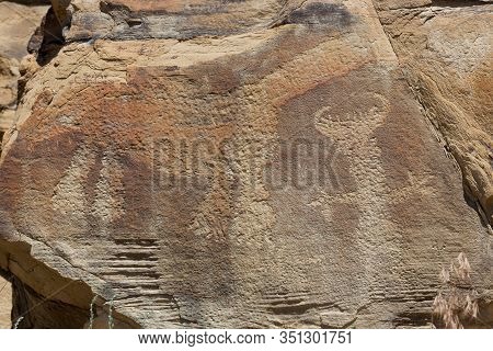 Strange Shapes And Figures That Have Been Carved Into The Ancient Sandstone Rocks At Legend Rock Sta