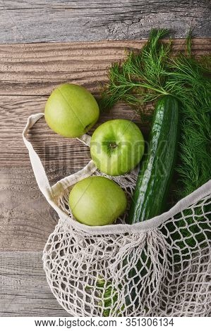 Zero Waste, Plastic-free And Eco-friendly Lifestyle And Shopping. Cotton Mesh Bag With Organic Veget