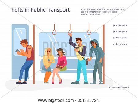Landing Web Page Template With Passengers Using Their Mobile Devices In Public Transport. Thief Pick