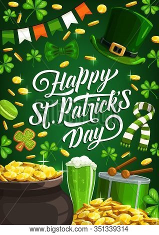 Happy Saint Patrick Day, Luck Shamrock And Leprechaun Gold Coins In Cauldron Pot Poster. Vector St P