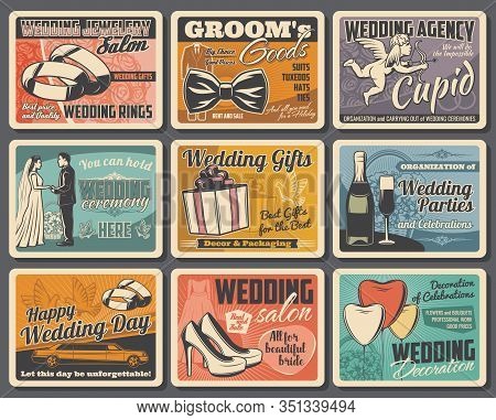 Wedding Rings, Bride And Groom With Vector Gifts, Flower Bouquets And Hearts, Love Couple, Marriage 
