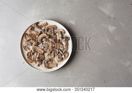 Stewed Mushrooms In Sour Cream With Portulak.fresh Mushroom Stew With Vegetables.