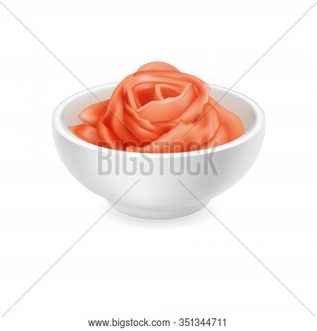 Realistic 3d Pickled Ginger Rose In A Round Bowl. Pink Sushi Condiment Isolated On White Background.