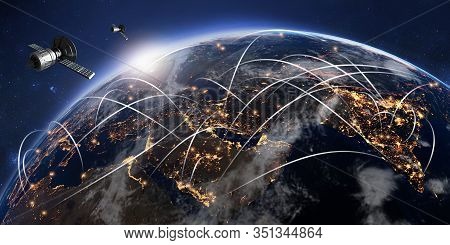 3d Illustration Of Conceptual Global Communication Network. Gps Satellite Antennas Orbiting Planet E