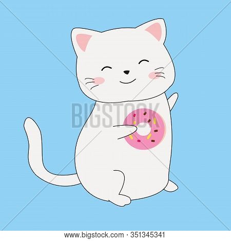 Cute Cartoon White Cat Holding Donut Vector