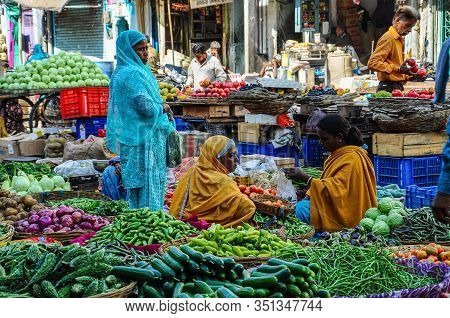 Udaipur, India - Jan 03, 2020: Traditional Indian Street Market In Udaipur Rajasthan, India