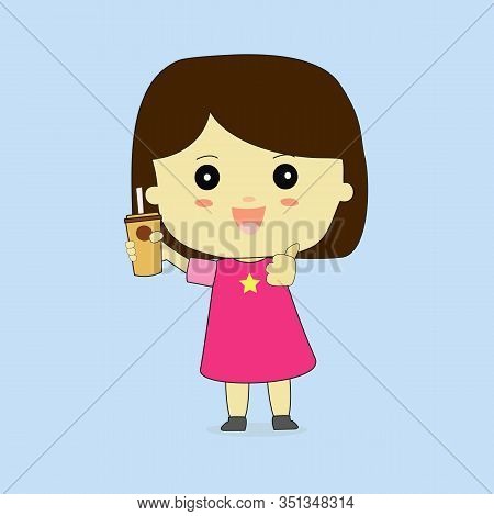 Cartoon Little Girl Drink Ice Coffee And Giving Thumb Up Vector