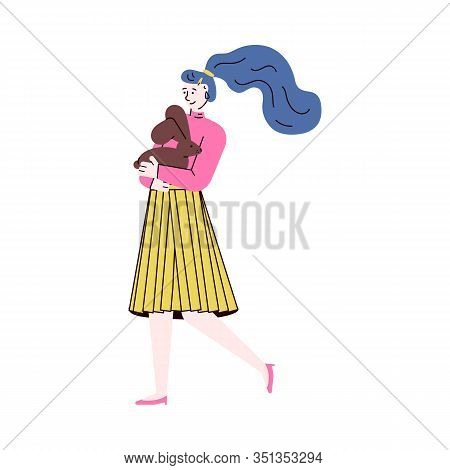 Cute Woman Cartoon Character With Her Pet - Rabbit, Sketch Vector Illustration.
