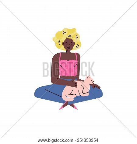 African American Woman Stroking Cat, Sketch Doodle Vector Illustration Isolated.
