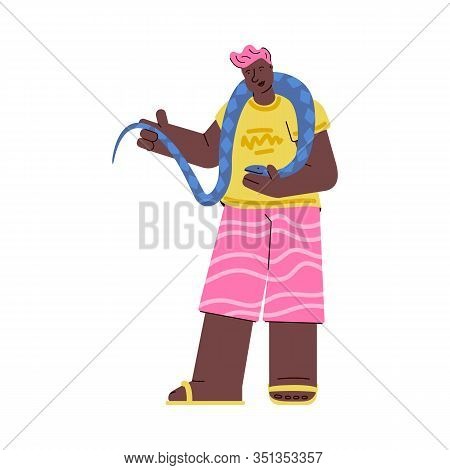African American Man With Exotic Pet - Snake Vector Illustration Isolated.