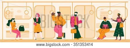 Subway Background With People On Way To Home Or Work, Flat Vector Illustration.