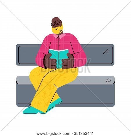 Cartoon African Man Sitting And Reading A Book On Subway Seat Or Metal Bench.