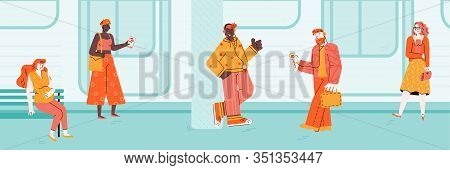 People Waiting Commuter Train On Subway Platform Sketch Vector Illustration.