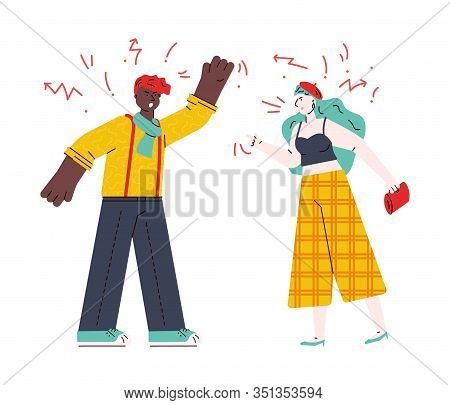 Couple Quarrelling And Swearing, Sketch Cartoon Vector Illustration Isolated.
