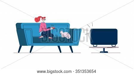 Woman With Cat At Home Watching Tv, Sketch Doodle Vector Illustration Isolated.