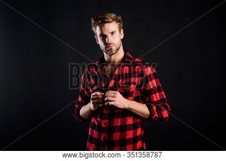 Hipster Black Background. Meaning Of Modern Manliness. Handsome Well Groomed Man. Exhibit Masculine 
