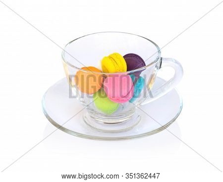 Colorful Magaroons In Glass Isolated On White Background, Sweet And Dessert Concept