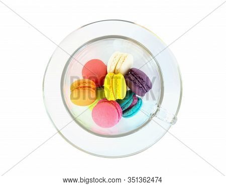 Top View Colorful Magaroons In Glass Isolated On White Background, Sweet And Dessert Concept