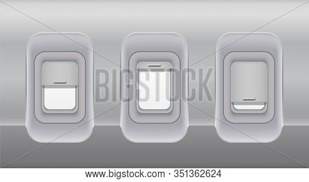 Airplane Fuselage Windows. Aircraft Indoor Portholes Template, Vector Open And Closed Fuselage Plane