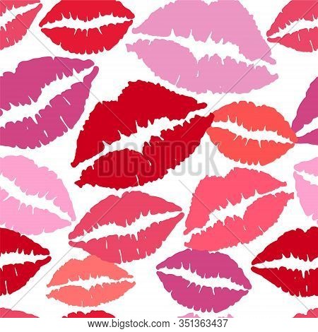 Lips Pattern. Vector Seamless Pattern With Womans Red And Pink Kissing Flat Lips. Lipstick Kiss Illu