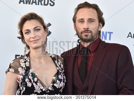 LOS ANGELES - JAN 06:  Laure de Clermont-Tonnerre and Matthias Schoenaerts arrives for the Film Independent Spirit Awards 2020 on February 08, 2020 in Santa Monica, CA