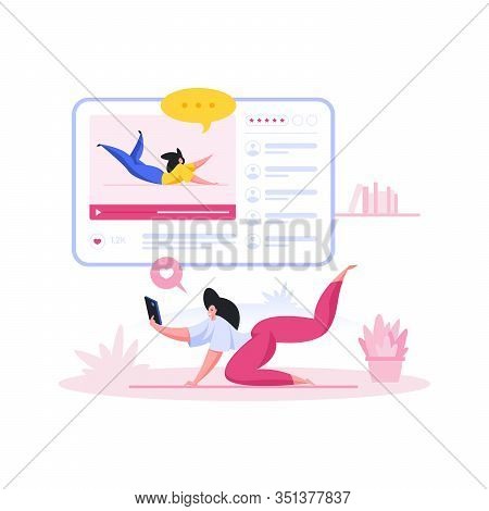 Woman Doing Exercises From Online Lessons. Flat Cartoon People Vector Illustration