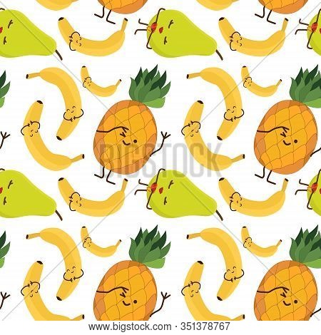 Kawaii Fruits And Vegetables Seamless Pattern With Face Expression On White Color Background. Yellow