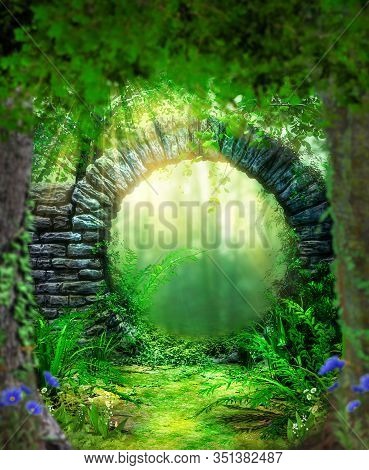 Enchanting Stone Gate Entrance To A Lush Fairytale Forest, 3d Render.