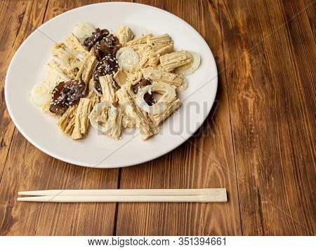 Spicy Chinese Or Korean Yuba Tofu Bamboo And Oyster Mushrooms On Wooden Background.