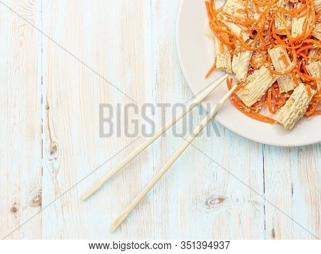Spicy Chinese Or Korean Yuba Tofu Bamboo And Carrots Salad On Wooden Background
