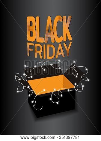 Black Friday Sale Banner. Black Box With Luminous Garland On Dark Background. Template For Use On Fl